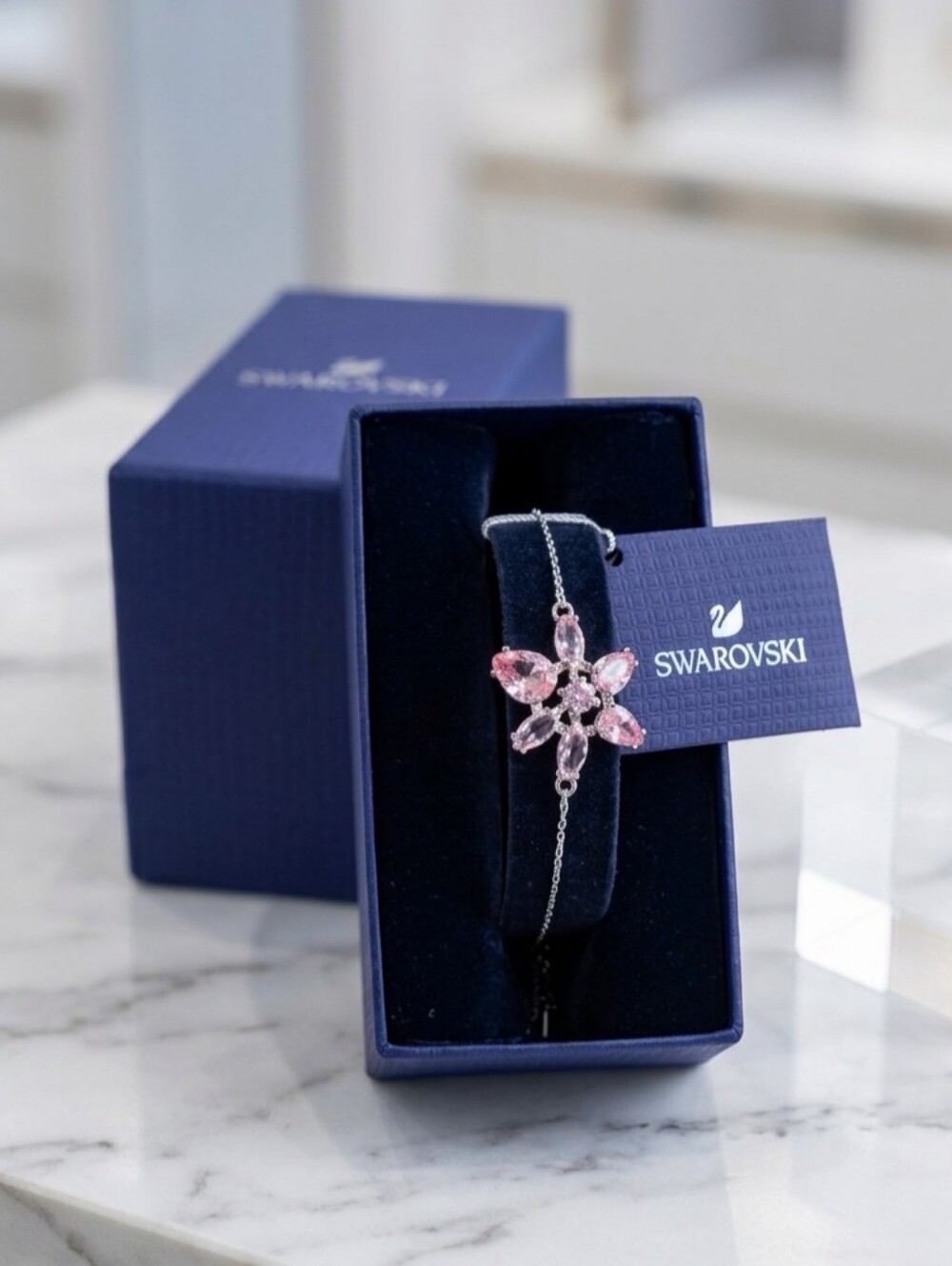 Swarovski Gema Flower Bracelet – Pink & Soft Purple Crystals, Rhodium Plated